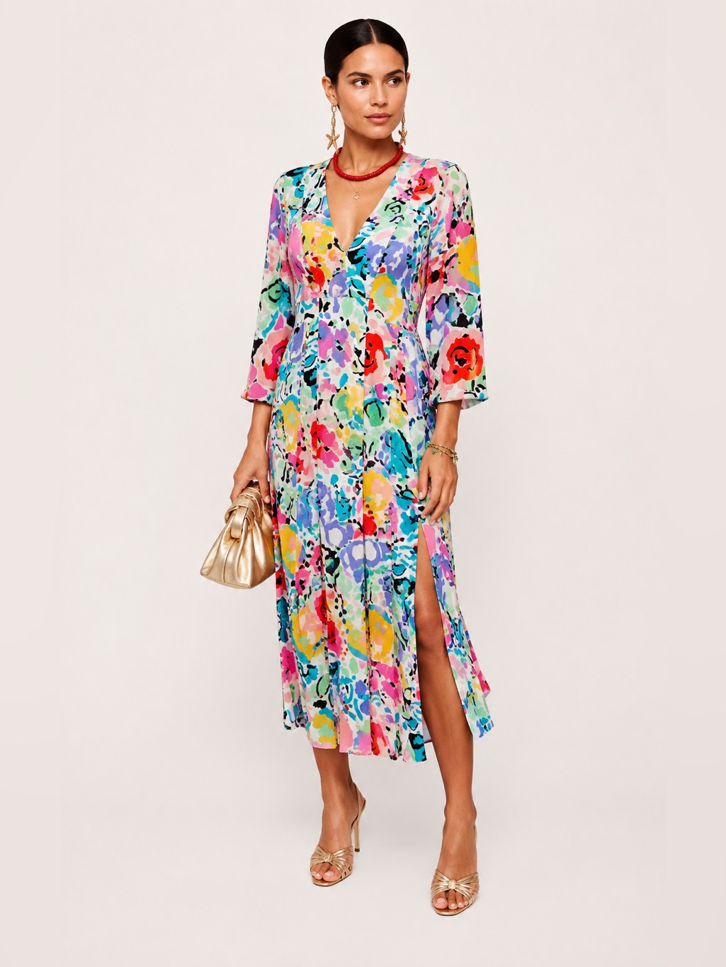 Rixo London Camellia 100% Silk Floral Abstract Bias Cut Midi Dress Sz S